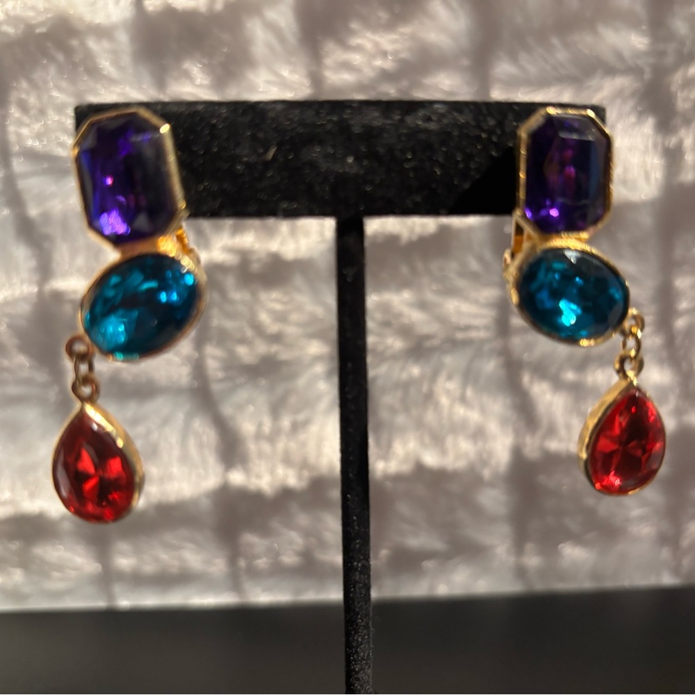 Elegant Gold-Plated Earrings with Purple, Blue, and Red Stones